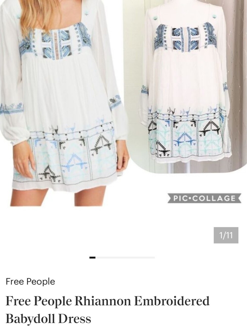 Free People White Mini Dress with Blue Embroidered Trim